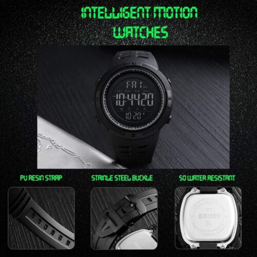 Men's digital watch with large dial, LED, water resistant 2