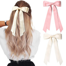 Silky Satin Hair Bows with Metal Clips – 2 pcs beige and