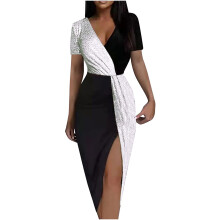 Nauwsluitende midi-jurk met patchwork, V-hals en hoge taille voor dames