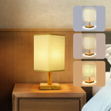 Lampe de table EGYMEN à intensité variable (3 niveaux), abat-jour rond en lin, bois massif, ampoule LED incluse (marron)