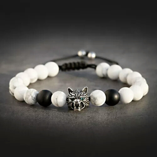 Wolf beaded bracelet 8mm natural stone silver 1