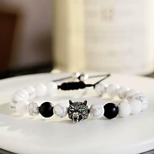 Wolf beaded bracelet 8mm natural stone silver 2