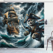 Zasłona prysznicowa z kotem i burzliwym oceanem, wzór pirata, 69 x 75 cali