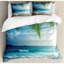 Set de husă de pilotă Ocean Queen, Palmieri Tropical Beach Waves, lenjerie de pat 3 piese albastru verde turcoaz cu 2 fețe de pat, de la Ambesonne