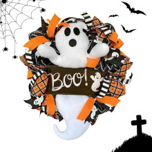 Coroană de Halloween cu fantome de la fermă, 30 cm, pentru ușă de intrare