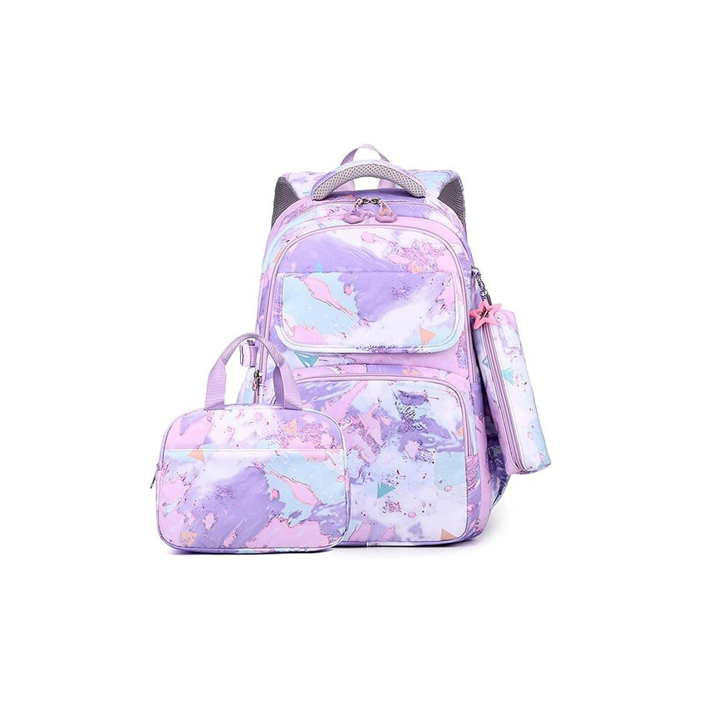 Children's purple school backpack with lunch box and pencil