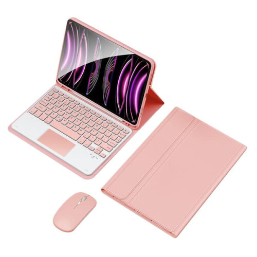 Capa com teclado e mouse sem fio, capa flip tipo folio em PU compatível com iPad 10.9 (2022), Bluetooth rosa
