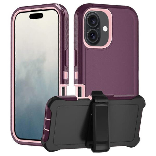 iPhone 16 detachable PC+TPU case with stand wine red pink