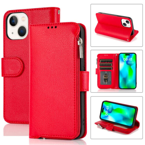 iPhone 15 Red wallet case with zipper