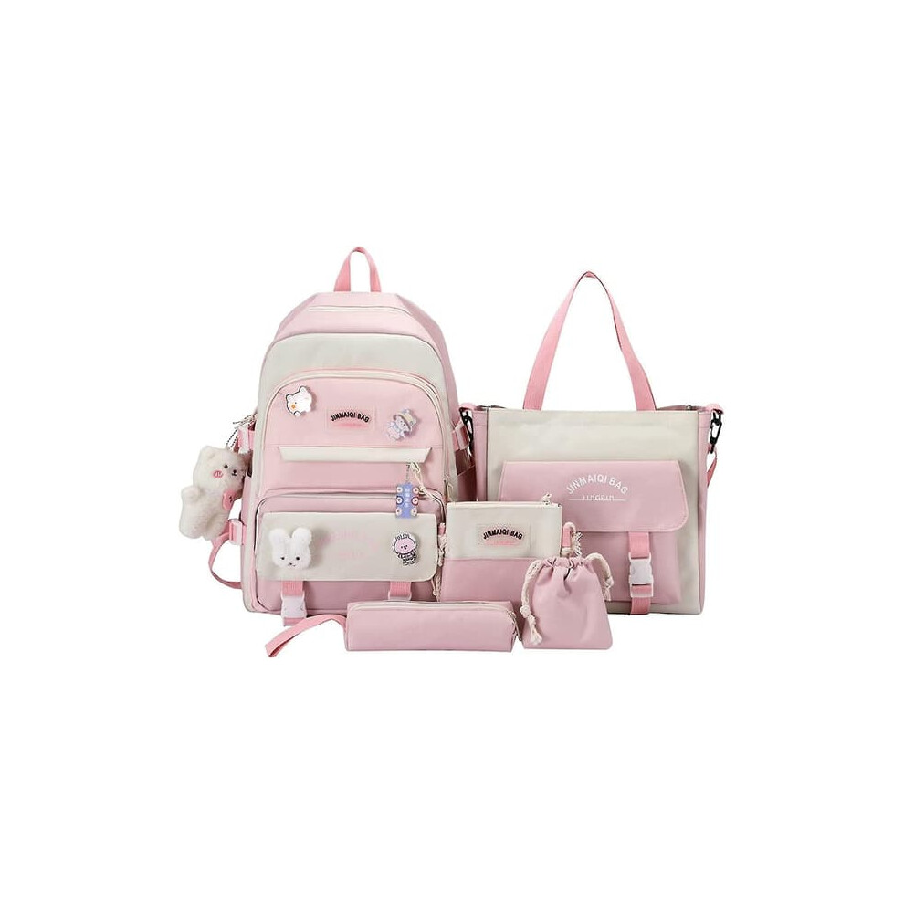 Kawaii school backpack set with bear charm pink 5-pack