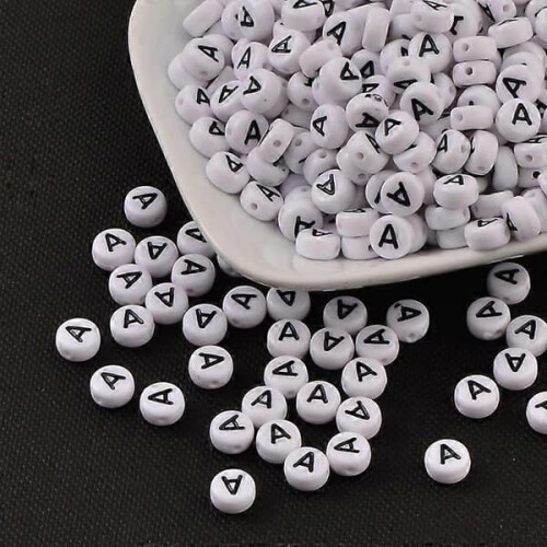 Acrylic Beads Flat Round Letter A 100 pcs 7mm dia 4mm thick