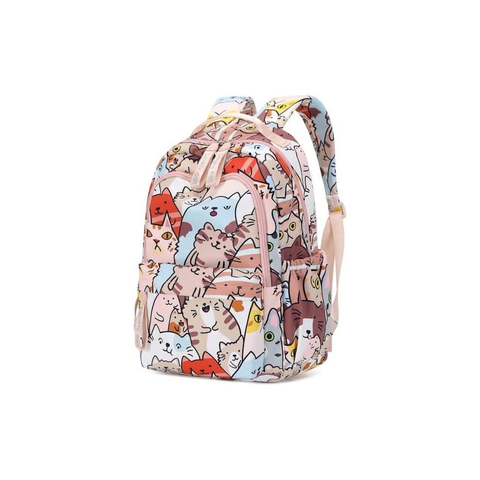Girls' cat-print backpack for elementary school, colorful