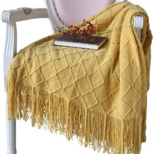 Knitted wool blanket with tassels yellow 150 x 200 cm
