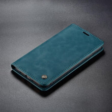 (Compatível com Samsung Galaxy S24) Capa carteira de couro retrô de luxo CaseMe com suporte e compartimentos para cartões, design fino, azul pavão
