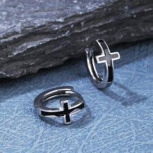 Men's Black Cross Huggie Hoop Earrings Surgical Steel