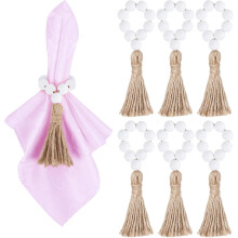 Lot de 6 ronds de serviette en perles de bois avec pompons en corde de jute, ronds de serviette extensibles de style bohème pour la décoration de