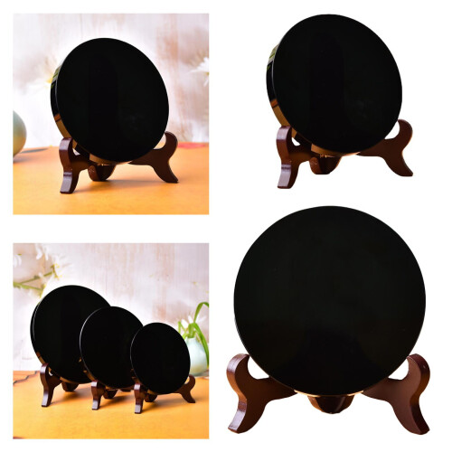 Natural Black Obsidian Scrying Mirror Round Stone with Shelf 2
