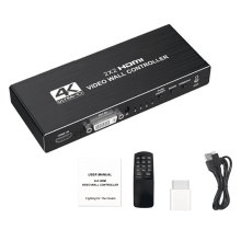 Controller per videowall 4K2x2 con ingresso HDMI/DVI, 4 uscite HDMI e telecomando per installazioni di display dinamici.