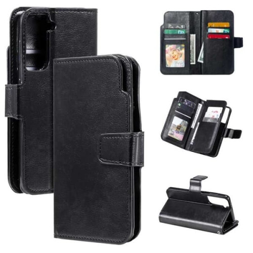 Compatível com Samsung S21. Capa carteira prática com 12 compartimentos. Versão 4 preta.