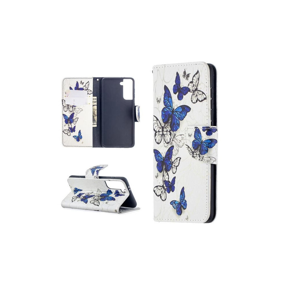 Wallet Case For Samsung Galaxy S21 Blue White Butterflies Blue,White 940684198214