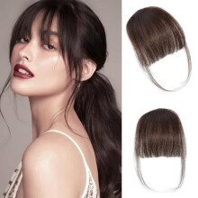 Dark Brown Human Hair Clip-In Bangs Curly Side Part