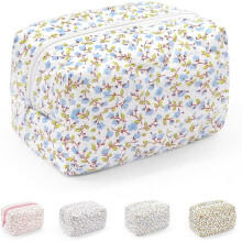Klein make-uptasje, katoenen draagbaar toilettasje, gewatteerd cosmeticatasje met bloemenprint, wasorganizer voor vrouwen, meisjes en dames, blauw.