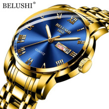 Men's Quartz Watch Stainless Steel Waterproof Golden Blue