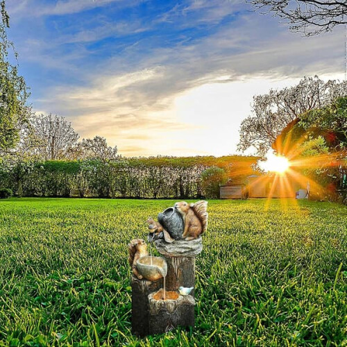 Solar-powered squirrel waterfall fountain with LED lights 1
