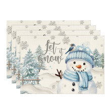 Kerstplacemats met lachende kerstboom en sneeuwpopmotief (set van 4), 30 x 45 cm, winterse tafelmatten