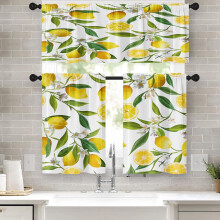 Lemon Fruit Kitchen Curtains with Flower Leaves, 36" Tropical Short Tier & Valance Set – Compatible with Small Kitchens