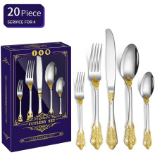 Stainless Steel Flatware Set Mirror Polished Gold Accents
