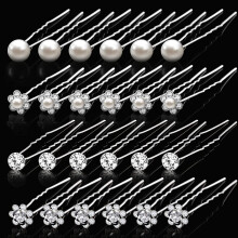 Parel haarspelden, bruiloft, strass bloem, U-vormig, 6 stuks