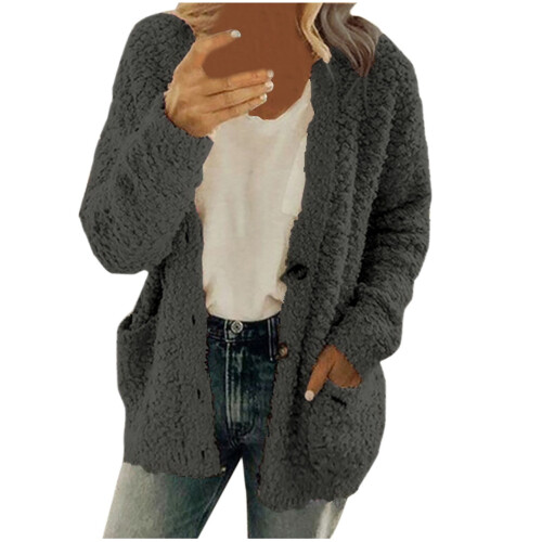 Damen-Strickjacke aus Plüsch, dunkelgrau, mit Taschen, Größe 5XL