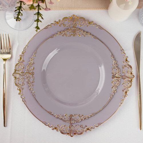 Pratos descartáveis de plástico BalsaCircle10 Lavender redondos de 8 polegadas para salada e jantar, com detalhes em dourado em estilo barroco,