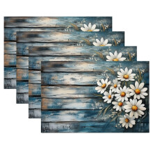 Rustieke boerderij placemats blauwgrijs met witte madeliefjes4