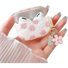 Compatibile con AirPods di terza generazione, custodia trasparente, graziosa cover con fiore rosa a cartone animato e portachiavi, custodia
