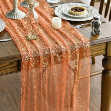 Orange gold silk screen stamped gauze table runner 120 inch