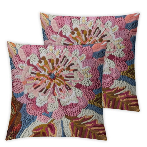 Coussin rose à crochets perforés avec fleur et franges marron naturel