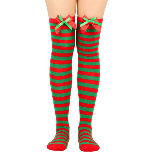 Calcetines navideños altos a rayas con lazo para mujer