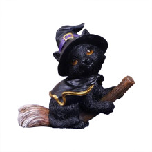 Decor de masă de Halloween cu pisică în formă de mătură, din rășină, 1 buc.