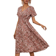 Γυναικείο φλοράλ boho μίντι φόρεμα από σιφόν με V ντεκολτέ και κοντό μανίκι
