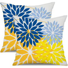 Housses de coussin d'extérieur à fleurs jaunes et bleues, 45 x 45 cm (lot de 2)