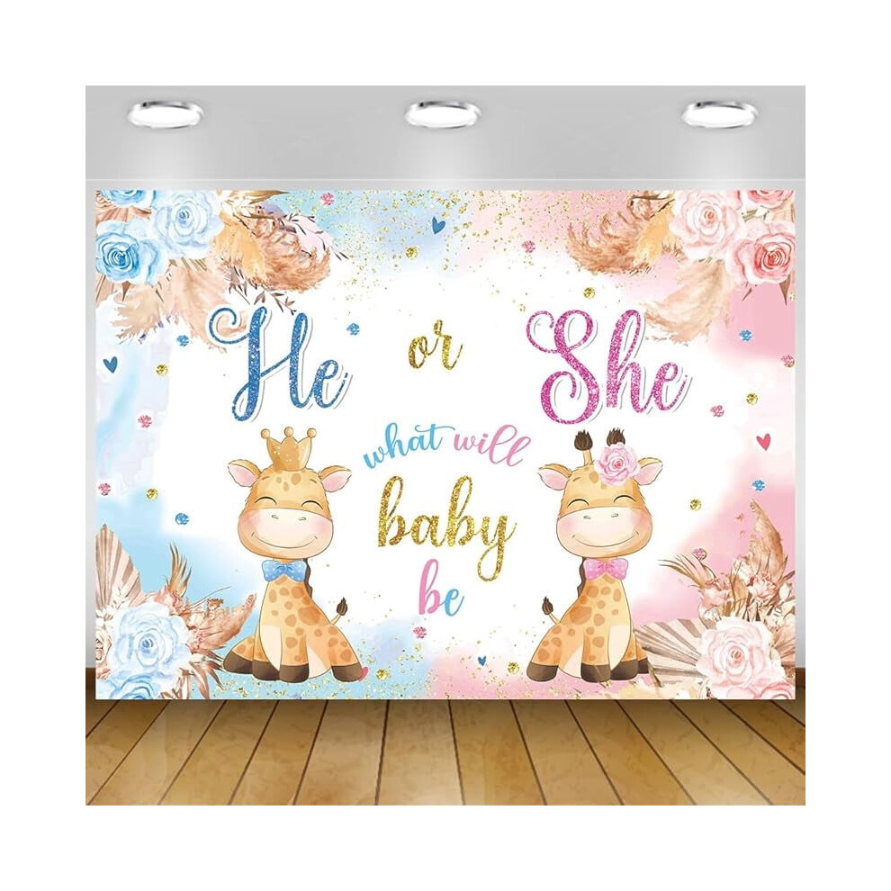 Giraffe Gender Reveal Backdrop Floral 72X108 In Blue/Pink 9165521024513