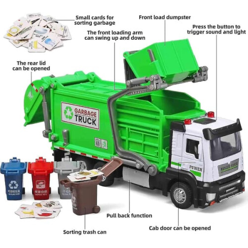 Garbage Truck Toy for Kids Metal Pull-Back with Lights and 1