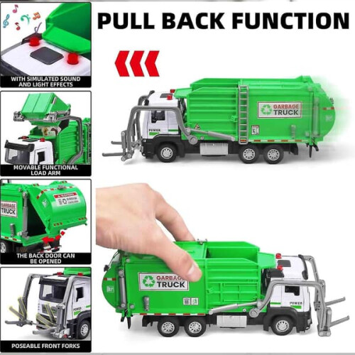 Garbage Truck Toy for Kids Metal Pull-Back with Lights and 2