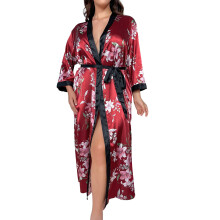 Robe de chambre en satin à imprimé floral pour femme, manches longues, grandes tailles