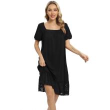 Chemise de nuit pour femme à manches courtes, col carré et bordure en dentelle