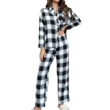 Damen-Baumwollpyjama-Set, Langarmshirt und Hose, Weiß, Größe S