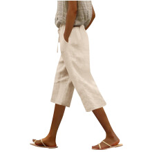 Shorts femininos de linho, cintura alta, com cadarço e bolsos.