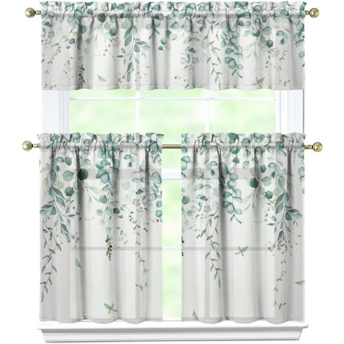 Sage Kitchen Curtain Valance Set 3 pcs Sage Leaf Floral